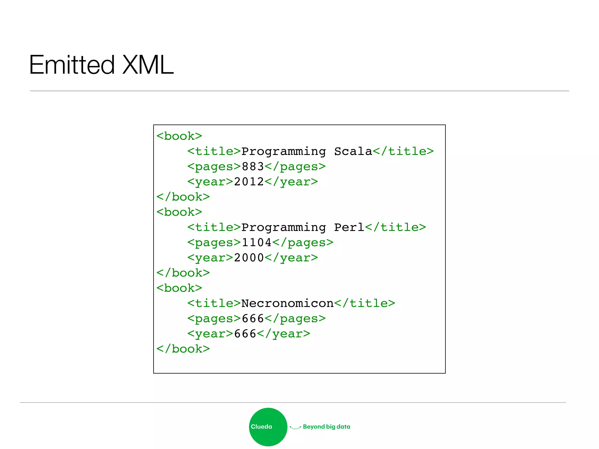 Emitted XML
<book>!
<title>Programming Scala</title>!
<pages>883</pages>!
<year>2012</year>!
</book>!
<book>!
<title>Programming Perl</title>!
<pages>1104</pages>!
<year>2000</year>!
</book>!
<book>!
<title>Necronomicon</title>!
<pages>666</pages>!
<year>666</year>!
</book>!
 