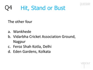 Q4
The other four
a. Wankhede
b. Vidarbha Cricket Association Ground,
Nagpur
c. Feroz Shah Kotla, Delhi
d. Eden Gardens, Kolkata
Hit, Stand or Bust
 