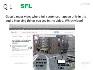 SFLQ 1
Google maps view, where full sentences happen only in the
audio involving things you see in the video. Which video?
 