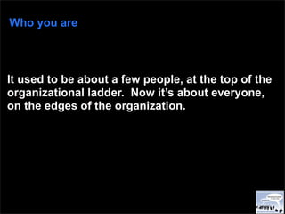 Who you are



It used to be about a few people, at the top of the
organizational ladder. Now it’s about everyone,
on the ...