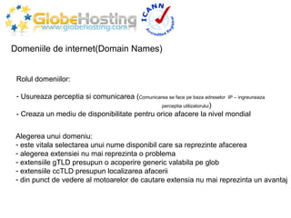 Domeniile de internet(Domain Names) Rolul domeniilor: Usureaza perceptia si comunicarea ( Comunicarea se face pe baza adreselor  IP – ingreuneaza  perceptia utilizatorului ) - Creaza un mediu de disponibilitate pentru orice afacere la nivel mondial Alegerea unui domeniu: este vitala selectarea unui nume disponibil care sa reprezinte afacerea alegerea extensiei nu mai reprezinta o problema extensiile gTLD presupun o acoperire generic valabila pe glob extensiile ccTLD presupun localizarea afacerii din punct de vedere al motoarelor de cautare extensia nu mai reprezinta un avantaj 