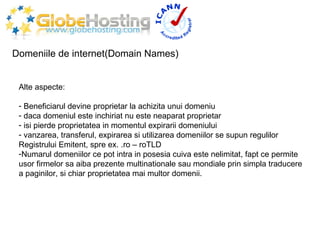 Domeniile de internet(Domain Names) Alte aspecte: Beneficiarul devine proprietar la achizita unui domeniu daca domeniul este inchiriat nu este neaparat proprietar isi pierde proprietatea in momentul expirarii domeniului vanzarea, transferul, expirarea si utilizarea domeniilor se supun regulilor  Registrului Emitent, spre ex. .ro – roTLD Numarul domeniilor ce pot intra in posesia cuiva este nelimitat, fapt ce permite usor firmelor sa aiba prezente multinationale sau mondiale prin simpla traducere a paginilor, si chiar proprietatea mai multor domenii. 