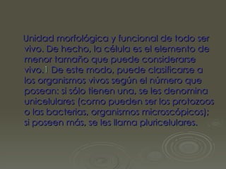 Unidad morfológica y funcional de todo ser vivo. De hecho, la célula es el elemento de menor tamaño que puede considerarse vivo. 1 De este modo, puede clasificarse a los organismos vivos según el número que posean: si sólo tienen una, se les denomina unicelulares (como pueden ser los protozoos o las bacterias, organismos microscópicos); si poseen más, se les llama pluricelulares.