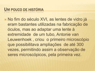 UM POUCO DE HISTÓRIA

   No fim do século XVI, as lentes de vidro já
    eram bastantes utilizadas na fabricação de
    óculos, mas ao adaptar uma lente à
    extremidade de um tubo, Antonie van
    Leuwenhoek , criou o primeiro microscópio
    que possibilitava ampliações de até 300
    vezes, permitindo assim a observação de
    seres microscópicos, pela primeira vez.
 