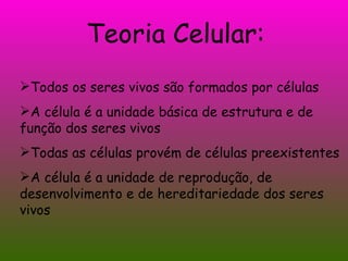 Teoria Celular: Todos os seres vivos são formados por células A célula é a unidade básica de estrutura e de função dos seres vivos Todas as células provém de células preexistentes A célula é a unidade de reprodução, de desenvolvimento e de hereditariedade dos seres vivos 