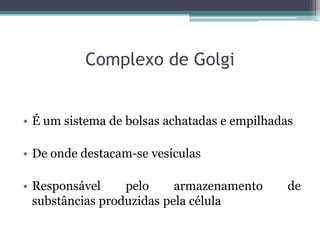 Complexo de Golgi


• É um sistema de bolsas achatadas e empilhadas

• De onde destacam-se vesículas

• Responsável     pelo     armazenamento      de
  substâncias produzidas pela célula
 