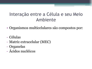Interação entre a Célula e seu Meio
                Ambiente
• Organismos multicelulares são compostos por:

-   Células
-   Matriz extracelular (MEC)
-   Organelas
-   Ácidos nucléicos
 