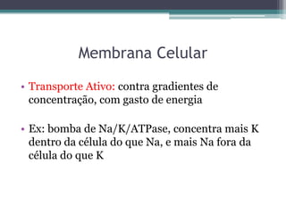 Membrana Celular

• Transporte Ativo: contra gradientes de
  concentração, com gasto de energia

• Ex: bomba de Na/K/ATPase, concentra mais K
  dentro da célula do que Na, e mais Na fora da
  célula do que K
 