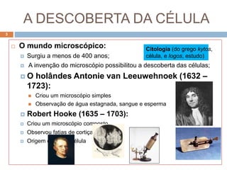 A DESCOBERTA DA CÉLULA
 O mundo microscópico:
 Surgiu a menos de 400 anos;
 A invenção do microscópio possibilitou a descoberta das células;
 O holândes Antonie van Leeuwehnoek (1632 –
1723):
 Criou um microscópio simples
 Observação de água estagnada, sangue e esperma
 Robert Hooke (1635 – 1703):
 Criou um microscópio composto
 Observou fatias de cortiça
 Origem do termo célula
Citologia (do grego kytos,
célula, e logos, estudo)
3
 