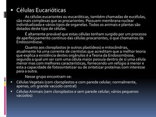  Células Eucarióticas
       As células eucariontes ou eucarióticas, também chamadas de eucélulas,
  são mais complexas que as procariontes. Possuem membrana nuclear
  individualizada e vários tipos de organelas. Todos os animais e plantas são
  dotados deste tipo de células.
       É altamente provável que estas células tenham surgido por um processo
  de aperfeiçoamento contínuo das células procariontes, o que chamamos de
  Endossimbiose.
       Quanto aos cloroplastos (e outros plastídeos) e mitocôndrias,
  atualmente há uma corrente de cientistas que acreditam que a melhor teoria
  que explica a existência destes orgânulos é a Teoria da Endossimbiose,
  segundo a qual um ser com uma célula maior possuía dentro de sí uma célula
  menor mas com melhores características, fornecendo um refúgio à menor e
  esta a capacidade de fotossintetizar ou de sintetizar proteínas com interesse
  para a outra.
       Nesse grupo encontram-se:
 Células Vegetais (com cloroplastos e com parede celular; normalmente,
  apenas, um grande vacúolo central)
 Células Animais (sem cloroplastos e sem parede celular; vários pequenos
  vacúolos)
 