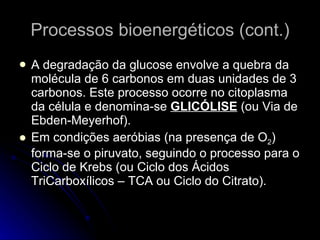 Processos bioenergéticos (cont.) A degradação da glucose envolve a quebra da molécula de 6 carbonos em duas unidades de 3 carbonos. Este processo ocorre no citoplasma da célula e denomina-se  GLICÓLISE  (ou Via de Ebden-Meyerhof). Em condições aeróbias (na presença de O 2 ) forma-se o piruvato, seguindo o processo para o Ciclo de Krebs (ou Ciclo dos Ácidos TriCarboxílicos – TCA ou Ciclo do Citrato). 