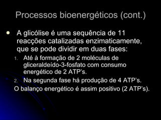 Processos bioenergéticos (cont.) A glicólise é uma sequência de 11 reacções catalizadas enzimaticamente, que se pode dividir em duas fases: Até à formação de 2 moléculas de gliceraldeído-3-fosfato com consumo energético de 2 ATP’s. Na segunda fase há produção de 4 ATP’s. O balanço energético é assim positivo (2 ATP’s). 
