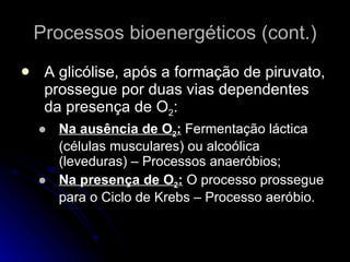 Processos bioenergéticos (cont.) A glicólise, após a formação de piruvato, prossegue por duas vias dependentes da presença de O 2 : Na ausência de O 2 :  Fermentação láctica (células musculares) ou alcoólica (leveduras) – Processos anaeróbios; Na presença de O 2 :  O processo prossegue para o Ciclo de Krebs – Processo aeróbio. 