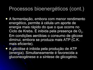 Processos bioenergéticos (cont.) A fermentação, embora com menor rendimento energético, permite à célula um aporte de energia mais rápido do que o que ocorre no Ciclo de Krebs. É inibida pela presença de O 2 . Em condições aeróbias o consumo de glicose diminui, embora se produza mais ATP (C.K. mais eficiente). A glicólise é inibida pela produção de ATP (energia). Simultaneamente é favorecida a gluconeogénese e a síntese de glicogénio. 