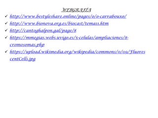 WEBGRAFÍA
 http://www.bestyleshare.online/pages/o/o-carrabouxo/
 http://www.bionova.org.es/biocast/tema11.htm
 http://cantoghalpon.gal/page/8
 https://mmegias.webs.uvigo.es/5-celulas/ampliaciones/8-
cromosomas.php
 https://upload.wikimedia.org/wikipedia/commons/0/09/Fluores
centCells.jpg
 