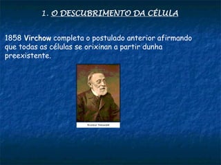 1. O DESCUBRIMENTO DA CÉLULA
1858 Virchow completa o postulado anterior afirmando
que todas as células se orixinan a partir dunha
preexistente.
 