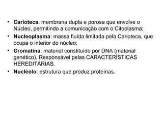 • Carioteca: membrana dupla e porosa que envolve o
  Núcleo, permitindo a comunicação com o Citoplasma;
• Nucleoplasma: massa fluída limitada pela Carioteca, que
  ocupa o interior do núcleo;
• Cromatina: material constituído por DNA (material
  genético). Responsável pelas CARACTERÍSTICAS
  HEREDITÁRIAS.
• Nucléolo: estrutura que produz proteínas.
 