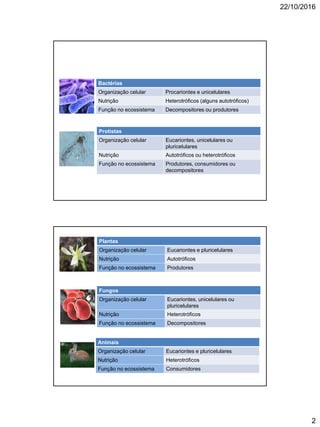 22/10/2016
2
Protistas
Organização celular Eucariontes, unicelulares ou
pluricelulares
Nutrição Autotróficos ou heterotróficos
Função no ecossistema Produtores, consumidores ou
decompositores
Bactérias
Organização celular Procariontes e unicelulares
Nutrição Heterotróficos (alguns autotróficos)
Função no ecossistema Decompositores ou produtores
Plantas
Organização celular Eucariontes e pluricelulares
Nutrição Autotróficos
Função no ecossistema Produtores
Fungos
Organização celular Eucariontes, unicelulares ou
pluricelulares
Nutrição Heterotróficos
Função no ecossistema Decompositores
Animais
Organização celular Eucariontes e pluricelulares
Nutrição Heterotróficos
Função no ecossistema Consumidores
 