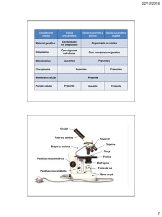 22/10/2016
7
Constituinte
celular
Célula
procariótica
Célula eucariótica
animal
Célula eucariótica
vegetal
Material genético
Citoplasma
Mitocôndrias
Cloroplastos
Membrana celular
Parede celular
Condensado
no citoplasma
Organizado no núcleo
Com algumas
estruturas
Ausentes
Com numerosos organelos
Presentes
Ausentes Presentes
Presente
Presente PresenteAusente
Ocular
Tubo ou canhão
Braço ou coluna
Parafuso macrométrico
Parafuso micrométrico
Base ou pé
Objetiva
Pinça
Platina
Diafragma
Fonte de luz
Revólver
 
