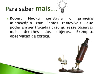    Robert   Hooke     construiu   o    primeiro
    microscópio com lentes removíveis, que
    poderiam ser trocadas caso quisesse observar
    mais detalhes dos objetos. Exemplo:
    observação da cortiça.
 