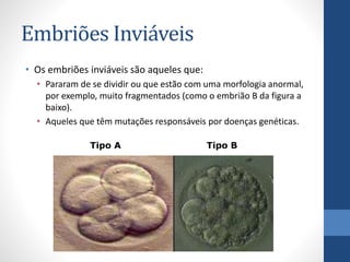 Embriões Inviáveis
• Os embriões inviáveis são aqueles que:
• Pararam de se dividir ou que estão com uma morfologia anormal,
por exemplo, muito fragmentados (como o embrião B da figura a
baixo).
• Aqueles que têm mutações responsáveis por doenças genéticas.
Tipo A

Tipo B

 
