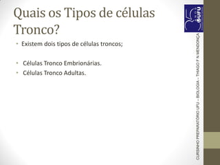 Quais os Tipos de células
Tronco?
• Existem dois tipos de células troncos;
• Células Tronco Embrionárias.
• Células Tronco Adultas.
CURSINHOPREPARATÓRIOUFU–BIOLOGIA–THIAGOFNMENDONÇA
 