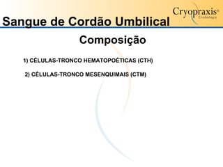 Sangue de Cordão Umbilical Composição 1) CÉLULAS-TRONCO HEMATOPOÉTICAS (CTH) 2) CÉLULAS-TRONCO MESENQUIMAIS (CTM) 