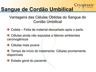 Vantagens das Células Obtidas do Sangue do Cordão Umbilical Coleta – Feita de material descartado após o parto Células ainda não expostas a fatores ambientais carcinogênicos Células mais jovens  Tempo de início do tratamento: Células prontamente disponíveis Estado geral do paciente  Sangue de Cordão Umbilical 