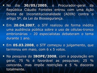 No dia  30/05/2005 , o Procurador-geral da República Cláudio Fonteles entrou com uma Ação Direta de Inconstitucionalidade (ADIN) contra o artigo 5º. da Lei da Biossegurança. Em  20.04.2007 , o STF realizou de forma inédita uma audiência pública sobre o uso de células-tronco embrionárias – 20 especialistas debateram o tema durante 1 ano. Em  05.03.2008 , o STF começou o julgamento, que terminou em maio, com 6 x 5 votos. Na pesquisa do  IBOPE/2008 , com a população em geral, 75 % é favorável as pesquisas; 25 % concorda, mas impõe restrições e 5 % discorda totalmente. 