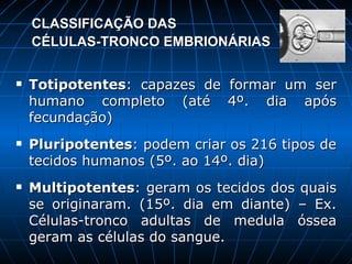 CLASSIFICAÇÃO DAS  CÉLULAS-TRONCO EMBRIONÁRIAS Totipotentes : capazes de formar um ser humano completo (até 4º. dia após fecundação) Pluripotentes : podem criar os 216 tipos de tecidos humanos (5º. ao 14º. dia) Multipotentes : geram os tecidos dos quais se originaram. (15º. dia em diante) – Ex. Células-tronco adultas de medula óssea geram as células do sangue. 