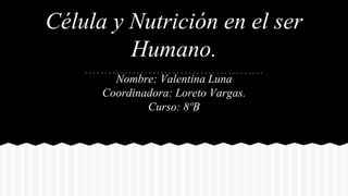 Célula y Nutrición en el ser
Humano.
Nombre: Valentina Luna
Coordinadora: Loreto Vargas.
Curso: 8ºB
 