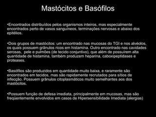 Mastócitos e Basófilos
•Encontrados distribuídos pelos organismos inteiros, mas especialmente
encontrados perto de vasos sanguíneos, terminações nervosas e abaixo dos
epitélios.
•Dois grupos de mastócitos: um encontrado nas mucosas do TGI e nos alvéolos,
os quais possuem grânulos ricos em histamina. Outro encontrado nas cavidades
serosas, pele e pulmões (de tecido conjuntivo), que além de possuírem alta
quantidade de histamina, também produzem heparina, caboxipeptidases e
proteases.
•Basófilos são produzidos em quantidade muito baixa, e raramente são
encontrados em tecidos, mas são rapidamente recrutados para sítios de
infecção. Possuem grânulos citoplasmáticos muito semelhantes aos dos
mastócitos.
•Possuem função de defesa imediata, principalmente em mucosas, mas são
freqüentemente envolvidos em casos de Hipersensibilidade Imediata (alergias)
 