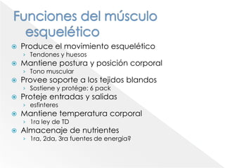 Células excitables: músculoIdentificar la sinapsis para la transmisión neuromuscular .Describir la secuencia de acontecimientos en la transmisión neuromuscular,Distinguir la diferente naturaleza del potencial de placa motora y del potencial de acción muscular.Describir las posibles acciones de al menos dos agentes que bloqueen la     transmisión neuromuscular.Explicar cómo trabajan los motores moleculares de la célula para generar    fuerza y transportar las organelas y otras cargas.OBJETIVOS