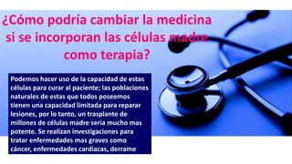 ¿Cómo podría cambiar la medicina
si se incorporan las células madre
como terapia?
Podemos hacer uso de la capacidad de estas
células para curar al paciente; las poblaciones
naturales de estas que todos poseemos
tienen una capacidad limitada para reparar
lesiones, por lo tanto, un trasplante de
millones de células madre seria mucho mas
potente. Se realizan investigaciones para
tratar enfermedades mas graves como
cáncer, enfermedades cardiacas, derrame
cerebral, etc.
 