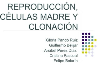 REPRODUCCIÓN,
CÉLULAS MADRE Y
CLONACIÓN
Gloria Pando Ruiz
Guillermo Belijar
Anabel Pérez Díaz
Cristina Pascual
Felipe Bolarín

 
