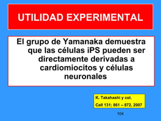 104
El grupo de Yamanaka demuestra
que las células iPS pueden ser
directamente derivadas a
cardiomiocitos y células
neuronales
UTILIDAD EXPERIMENTAL
K. Takahashi y col.
Cell 131; 861 – 872, 2007
 