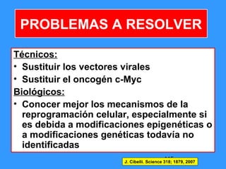 115
Técnicos:
• Sustituir los vectores virales
• Sustituir el oncogén c-Myc
Biológicos:
• Conocer mejor los mecanismos de la
reprogramación celular, especialmente si
es debida a modificaciones epigenéticas o
a modificaciones genéticas todavía no
identificadas
PROBLEMAS A RESOLVER
J. Cibelli. Science 318; 1879, 2007
 