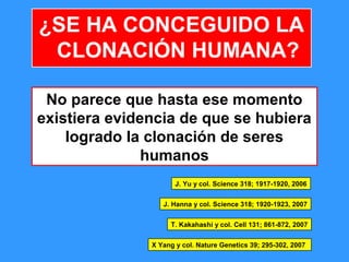18
¿SE HA CONCEGUIDO LA
CLONACIÓN HUMANA?
No parece que hasta ese momento
existiera evidencia de que se hubiera
logrado la clonación de seres
humanos
J. Yu y col. Science 318; 1917-1920, 2006
J. Hanna y col. Science 318; 1920-1923, 2007
T. Kakahashi y col. Cell 131; 861-872, 2007
X Yang y col. Nature Genetics 39; 295-302, 2007
 
