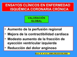 41
ENSAYOS CLÍNICOS EN ENFERMEDAD
ISQUÉMICA CORONARIA CRÓNICA
VALORACIÓN
GLOBAL
• Aumento de la perfusión regional
• Mejora de la contractibilidad cardiaca
• Modesto aumento de la fracción de
eyección ventricular izquierda
• Reducción del dolor anginoso
Burt, R. K. et al. JAMA;299,925-936,2008
 