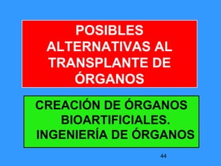 44
CREACIÓN DE ÓRGANOS
BIOARTIFICIALES.
INGENIERÍA DE ÓRGANOS
POSIBLES
ALTERNATIVAS AL
TRANSPLANTE DE
ÓRGANOS
 
