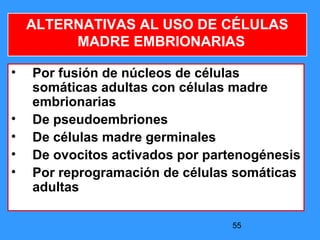 55
ALTERNATIVAS AL USO DE CÉLULAS
MADRE EMBRIONARIAS
• Por fusión de núcleos de células
somáticas adultas con células madre
embrionarias
• De pseudoembriones
• De células madre germinales
• De ovocitos activados por partenogénesis
• Por reprogramación de células somáticas
adultas
 