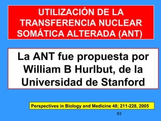63
UTILIZACIÓN DE LA
TRANSFERENCIA NUCLEAR
SOMÁTICA ALTERADA (ANT)
La ANT fue propuesta por
William B Hurlbut, de la
Universidad de Stanford
Perspectives in Biology and Medicine 48; 211-228, 2005
 
