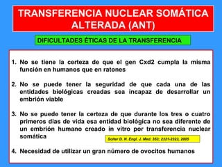 66
TRANSFERENCIA NUCLEAR SOMÁTICA
ALTERADA (ANT)
DIFICULTADES ÉTICAS DE LA TRANSFERENCIA
1. No se tiene la certeza de que el gen Cxd2 cumpla la misma
función en humanos que en ratones
2. No se puede tener la seguridad de que cada una de las
entidades biológicas creadas sea incapaz de desarrollar un
embrión viable
3. No se puede tener la certeza de que durante los tres o cuatro
primeros días de vida esa entidad biológica no sea diferente de
un embrión humano creado in vitro por transferencia nuclear
somática
4. Necesidad de utilizar un gran número de ovocitos humanos
Solter D. N. Engl. J. Med. 353; 2321-2323, 2005
 