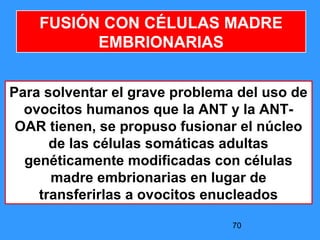 70
FUSIÓN CON CÉLULAS MADRE
EMBRIONARIAS
Para solventar el grave problema del uso de
ovocitos humanos que la ANT y la ANT-
OAR tienen, se propuso fusionar el núcleo
de las células somáticas adultas
genéticamente modificadas con células
madre embrionarias en lugar de
transferirlas a ovocitos enucleados
 
