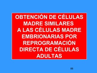88
OBTENCIÓN DE CÉLULAS
MADRE SIMILARES
A LAS CÉLULAS MADRE
EMBRIONARIAS POR
REPROGRAMACIÓN
DIRECTA DE CÉLULAS
ADULTAS
 