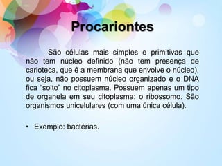 Procariontes
São células mais simples e primitivas que
não tem núcleo definido (não tem presença de
carioteca, que é a membrana que envolve o núcleo),
ou seja, não possuem núcleo organizado e o DNA
fica “solto” no citoplasma. Possuem apenas um tipo
de organela em seu citoplasma: o ribossomo. São
organismos unicelulares (com uma única célula).
• Exemplo: bactérias.
 
