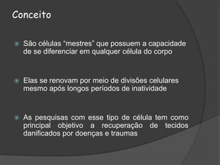 Conceito
 São células “mestres” que possuem a capacidade
de se diferenciar em qualquer célula do corpo
 Elas se renovam por meio de divisões celulares
mesmo após longos períodos de inatividade
 As pesquisas com esse tipo de célula tem como
principal objetivo a recuperação de tecidos
danificados por doenças e traumas
 