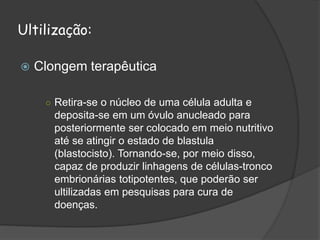 Ultilização:
 Clongem terapêutica
○ Retira-se o núcleo de uma célula adulta e
deposita-se em um óvulo anucleado para
posteriormente ser colocado em meio nutritivo
até se atingir o estado de blastula
(blastocisto). Tornando-se, por meio disso,
capaz de produzir linhagens de células-tronco
embrionárias totipotentes, que poderão ser
ultilizadas em pesquisas para cura de
doenças.
 