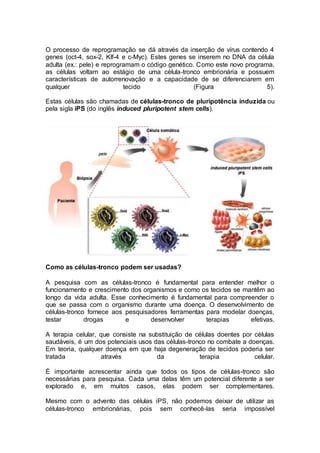 O processo de reprogramação se dá através da inserção de vírus contendo 4 
genes (oct-4, sox-2, Klf-4 e c-Myc). Estes genes se inserem no DNA da célula 
adulta (ex.: pele) e reprogramam o código genético. Como este novo programa, 
as células voltam ao estágio de uma célula-tronco embrionária e possuem 
características de autorrenovação e a capacidade de se diferenciarem em 
qualquer tecido (Figura 5). 
Estas células são chamadas de células-tronco de pluripotência induzida ou 
pela sigla iPS (do inglês induced pluripotent stem cells). 
Como as células-tronco podem ser usadas? 
A pesquisa com as células-tronco é fundamental para entender melhor o 
funcionamento e crescimento dos organismos e como os tecidos se mantêm ao 
longo da vida adulta. Esse conhecimento é fundamental para compreender o 
que se passa com o organismo durante uma doença. O desenvolvimento de 
células-tronco fornece aos pesquisadores ferramentas para modelar doenças, 
testar drogas e desenvolver terapias efetivas. 
A terapia celular, que consiste na substituição de células doentes por células 
saudáveis, é um dos potenciais usos das células-tronco no combate a doenças. 
Em teoria, qualquer doença em que haja degeneração de tecidos poderia ser 
tratada através da terapia celular. 
É importante acrescentar ainda que todos os tipos de células-tronco são 
necessárias para pesquisa. Cada uma delas têm um potencial diferente a ser 
explorado e, em muitos casos, elas podem ser complementares. 
Mesmo com o advento das células iPS, não podemos deixar de utilizar as 
células-tronco embrionárias, pois sem conhecê-las seria impossível 
 