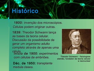 Histórico
1800: invenção dos microscópios.
Células podem originar outras.
1839: Theodor Schwann lança
as bases da teoria celular.
Discussão da possibilidade de
gerar um organismo adulto
completo através de apenas uma
célula.
 Início de 1900: experimentos
 com células de embriões.        Theodor Schwann - fisiologista
                              alemão, fundador da teoria celular
                                                     e neonuclear
Déc. de 1950: transplante
medula óssea.
 